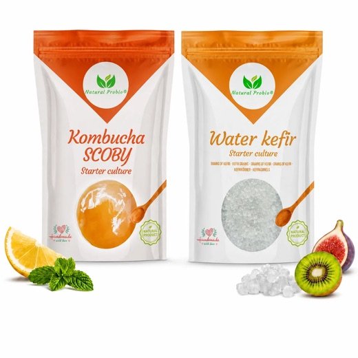 Natural Probio duo: a pouch of water kefir grains and a pouch of kombucha SCOBY in its liquid