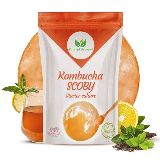 Pouch of live kombucha SCOBY in its starting liquid from Natural Probio